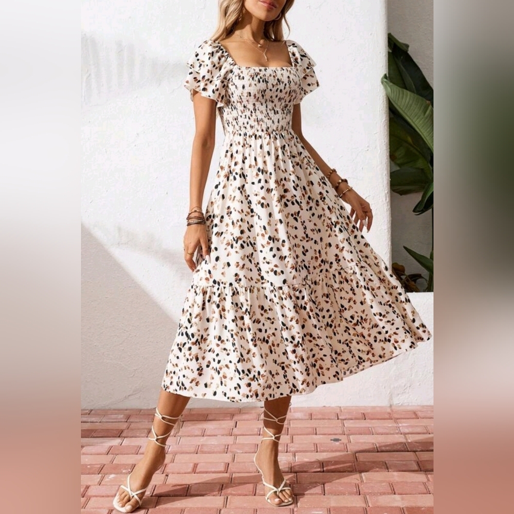 New Dot Print Tiered Flutter Sleeve Midi Dress Cream Tan